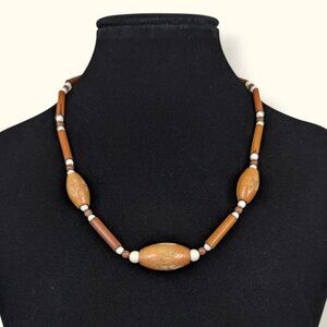 V. Wood & White Beaded Necklace